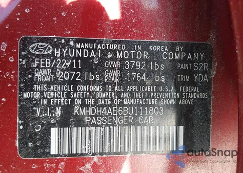 2011 Hyundai Elantra Gls (Ulsan Plant) z USA, uszkodzony, nr VIN KMHDH4AE6BU111803